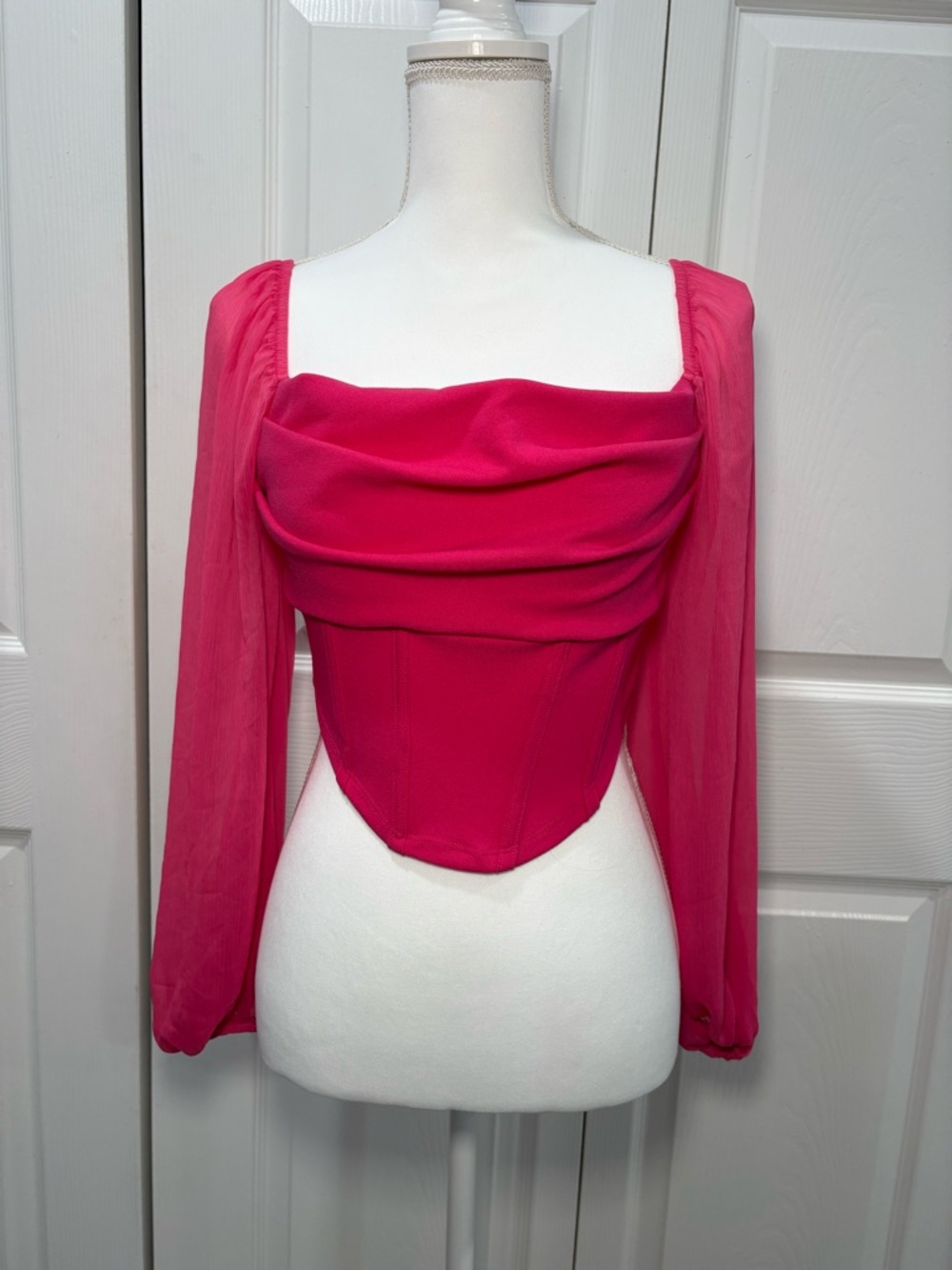 Draped Square-Neck Corset Crop Top in Hot Pink